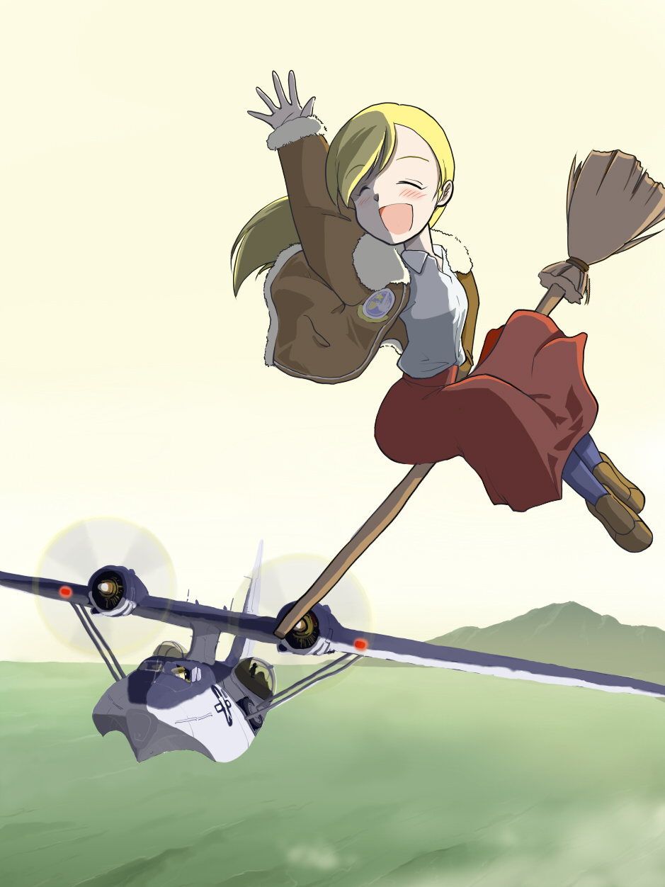 arm_up, blonde_hair, broom, broom_riding, consolidated_pby_catalina, flying, flying_boat, happy, highres, inui_(jt1116), inui_(pixiv), jacket, military, mountain, open_mouth, original, pby, pby_catalina, sidesaddle, skirt, smile, witch