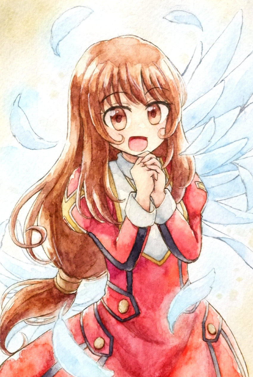 angel_wings, blush, brown_eyes, brown_hair, collar, cross, dress, erica_fontaine