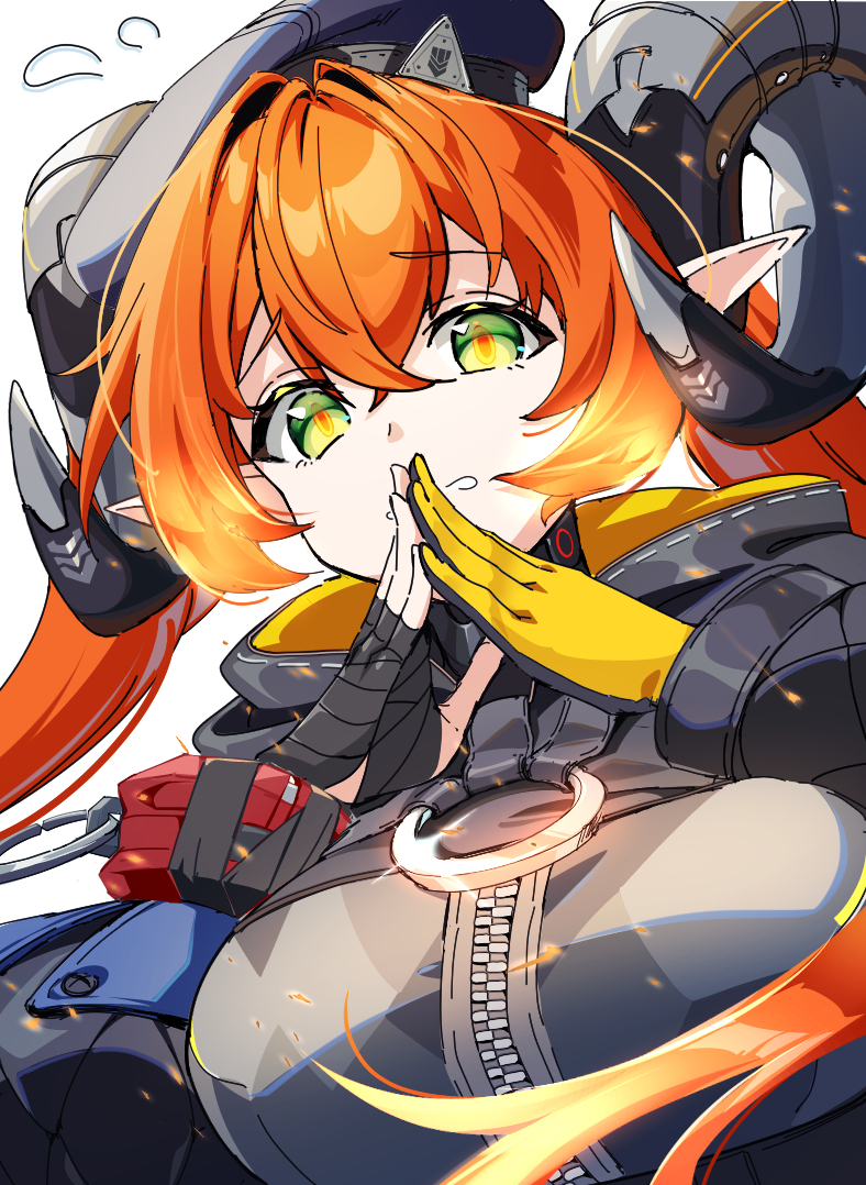 1girl, asymmetrical_gloves, black_horns, dragon_girl, dragon_horns, fingerless_gloves, gloves, hat, horns, long_hair, mechanical_horns, mechanical_tail, mismatched_gloves, orange_hair, orange_pupils, orphie_magnusson, own_hands_together, pointy_ears, single_fingerless_glove, tail, tuyumori_kaoru_(alilybell1241), twintails, yellow_gloves, zenless_zone_zero, zipping