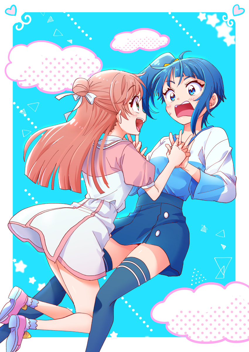 absurdres, blue_eyes, blue_hair, blue_shirt, blue_skirt, blue_sky, blue_thighhighs, bow