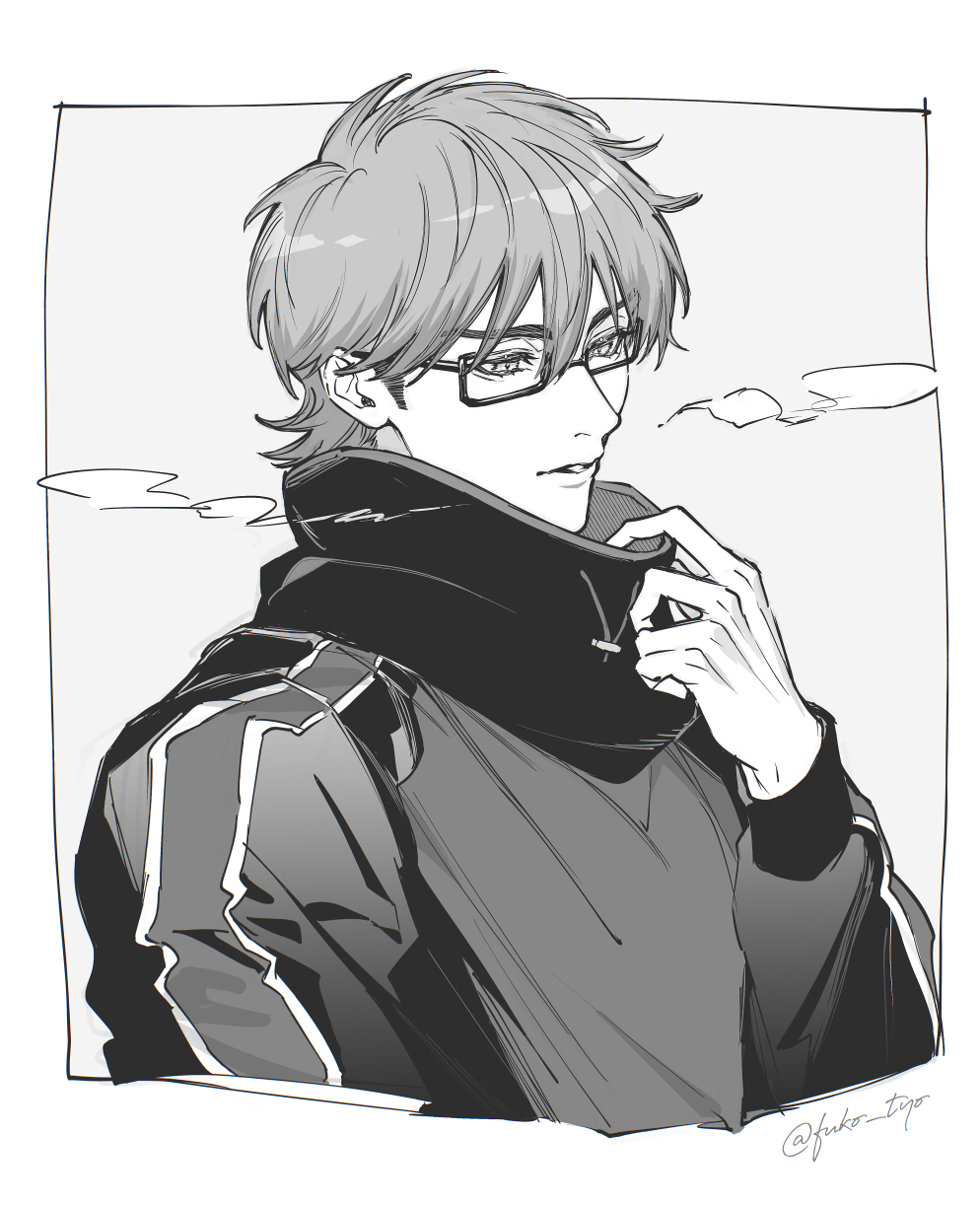 1boy, ace_of_diamond, border, commentary_request, fuko_tyo, glasses, greyscale, high_collar