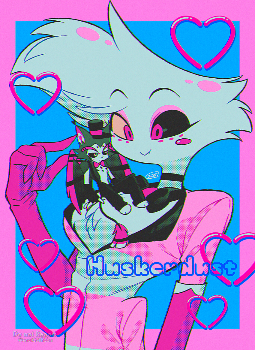 2boys, :>, :t, absurdres, angel_dust, barefoot, black_bow, black_bowtie