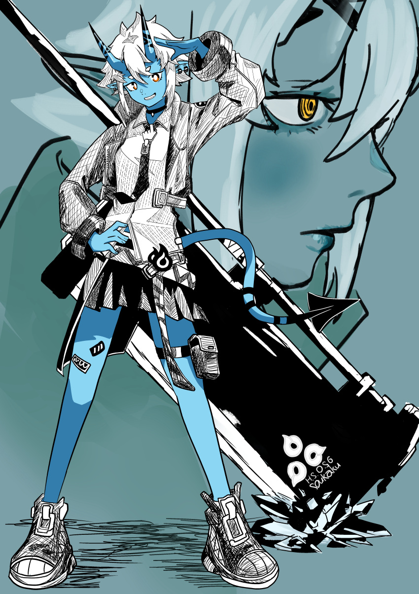 1girl, absurdres, bandages, blue_horns, blue_oni, blue_skin, blue_tail, colored_skin