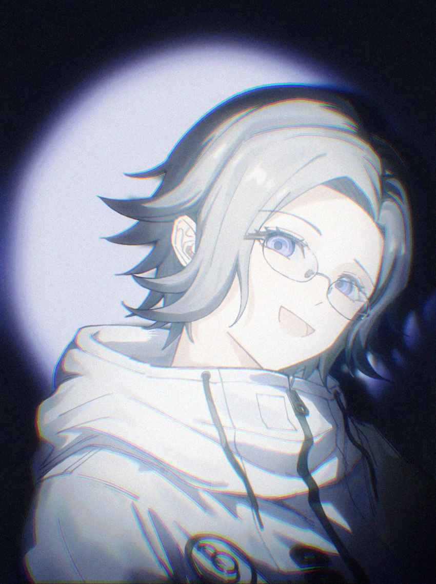 1boy, :d, aotsuki_eito, chinese_commentary, commentary_request, film_grain, glasses, grey_hair