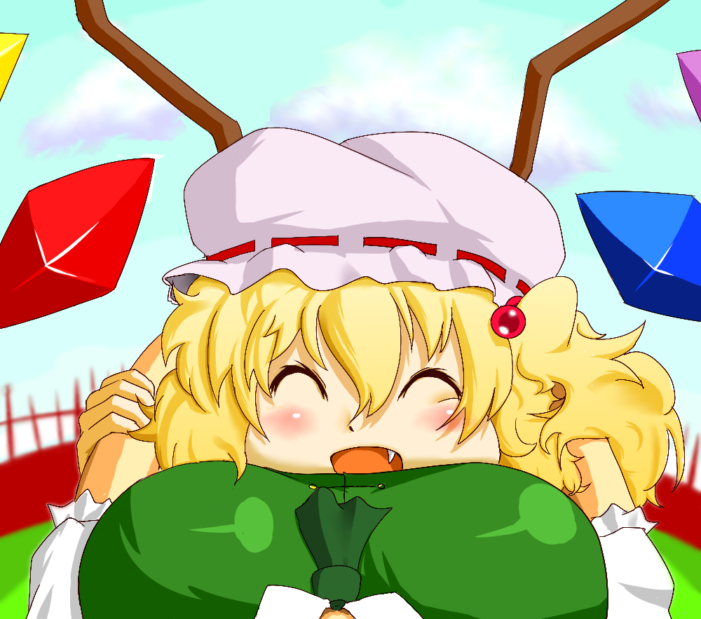 2girls, ^o^, breasts, cheek_squash, closed_eyes, fang, female_pov, flandre_scarlet