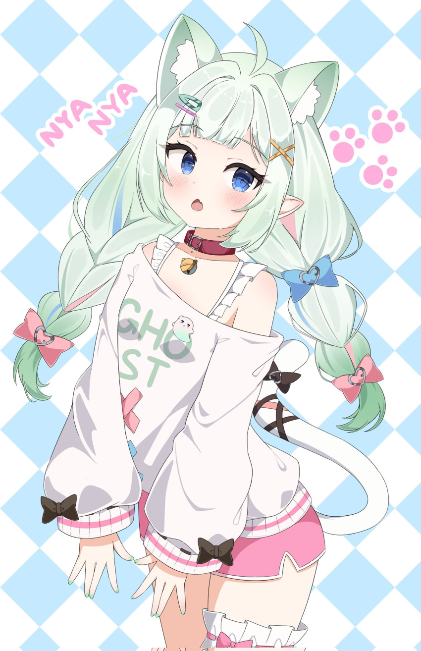 1girl, ahoge, animal_ear_fluff, animal_ears, bell, black_bow, blue_bow, blue_eyes, blush, bow, braid, cat_ears, cat_girl, checkered_background, clothes_writing, collar, dolphin_shorts, frilled_straps, gradient_hair, green_hair, hair_bow, hair_ornament, highres, indie_virtual_youtuber, kawaiipony2, long_hair, long_sleeves, looking_at_viewer, low_twin_braids, mint_fantome, mint_fantome_(otaku), multicolored_hair, neck_bell, official_alternate_costume, official_alternate_hairstyle, open_mouth, paw_print, pink_bow, pink_collar, pink_shorts, pointy_ears, shorts, solo, sweater, tail, tail_bow, tail_ornament, thigh_strap, twin_braids, virtual_youtuber, white_hair, white_sweater, x_hair_ornament