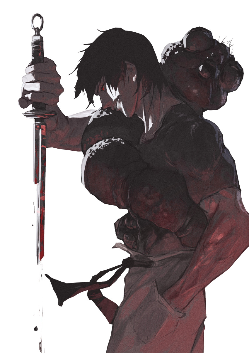 1boy, 1other, abs, absurdres, black_hair, black_shirt, cursed_spirit_(jujutsu_kaisen), from_side