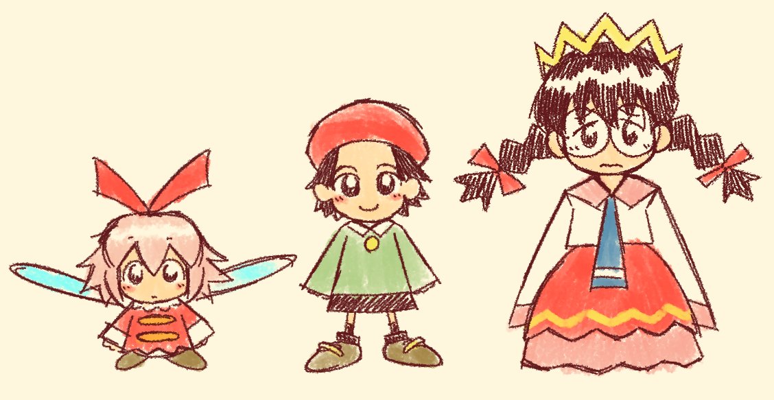 3girls, adeleine, beret, black_hair, braid, crown, fairy, fairy_wings, glasses, hat, kirby_(series), kirby_64, long_hair, long_skirt, low_twin_braids, maxoke, multiple_girls, pink_hair, red_hat, ribbon_(kirby), ripple_star_queen, simple_background, skirt, sleeves_past_fingers, sleeves_past_wrists, smile, twin_braids, wings