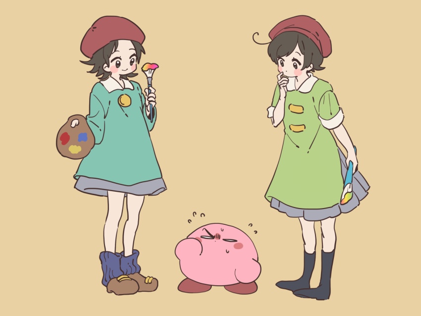 adeleine, ado_(kirby), beret, black_hair, black_socks, brown_shoes, colored_skin, dual_persona