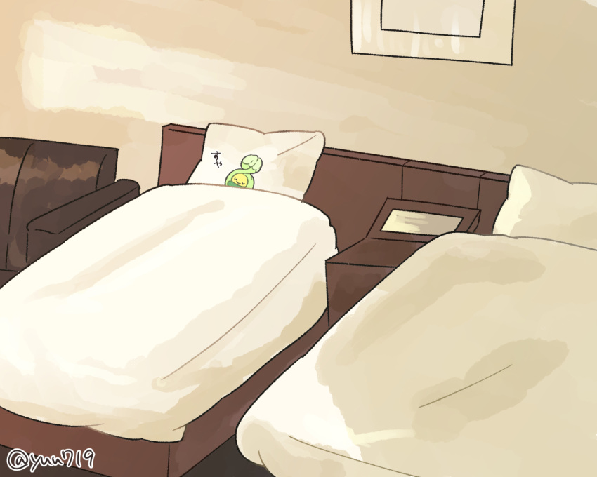 bed, budew, closed_eyes, closed_mouth, commentary_request, indoors, no_humans, pillow