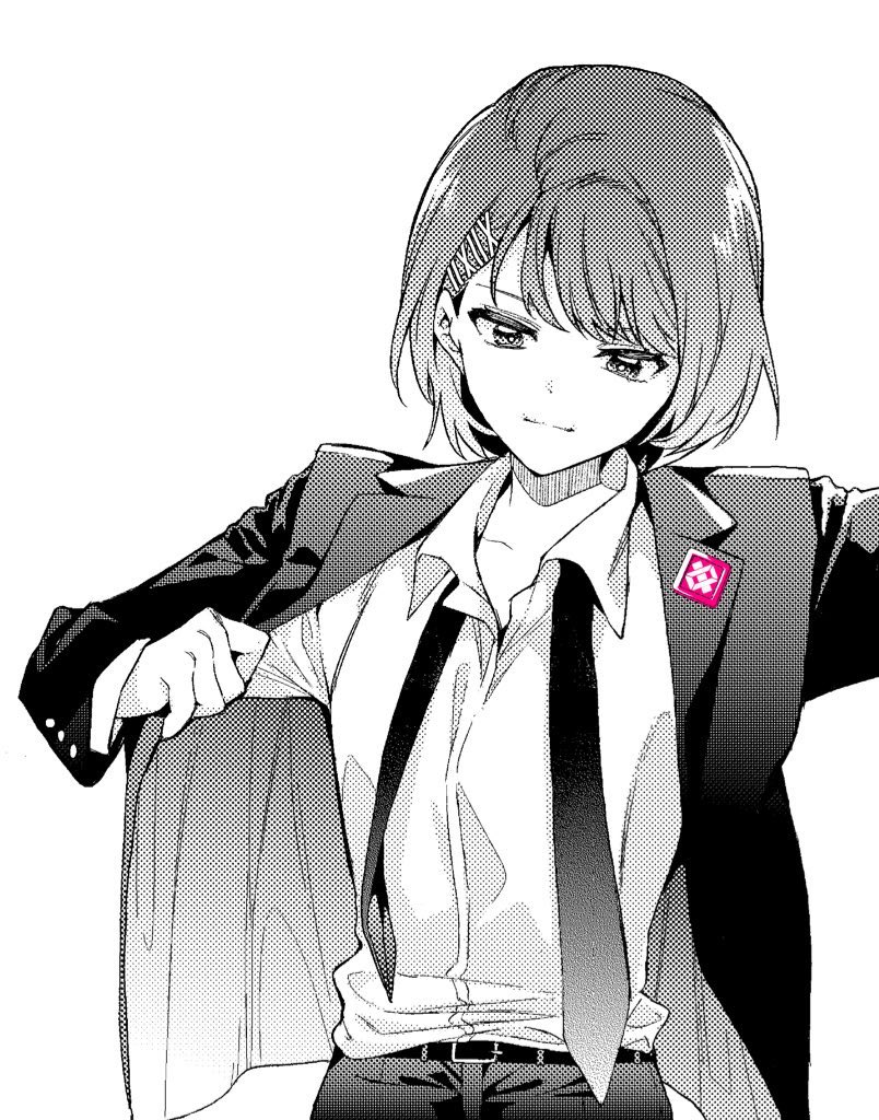 1girl, adjusting_clothes, amatsumi_inori, arm_out_of_frame, asymmetrical_bangs, belt, bob_cut, collarbone