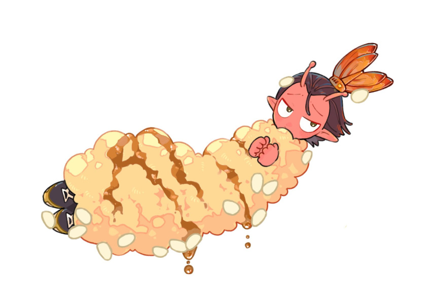 aga6roku, antennae, colored_skin, food, food_costume, hair_slicked_back, highres, iwao_kanata