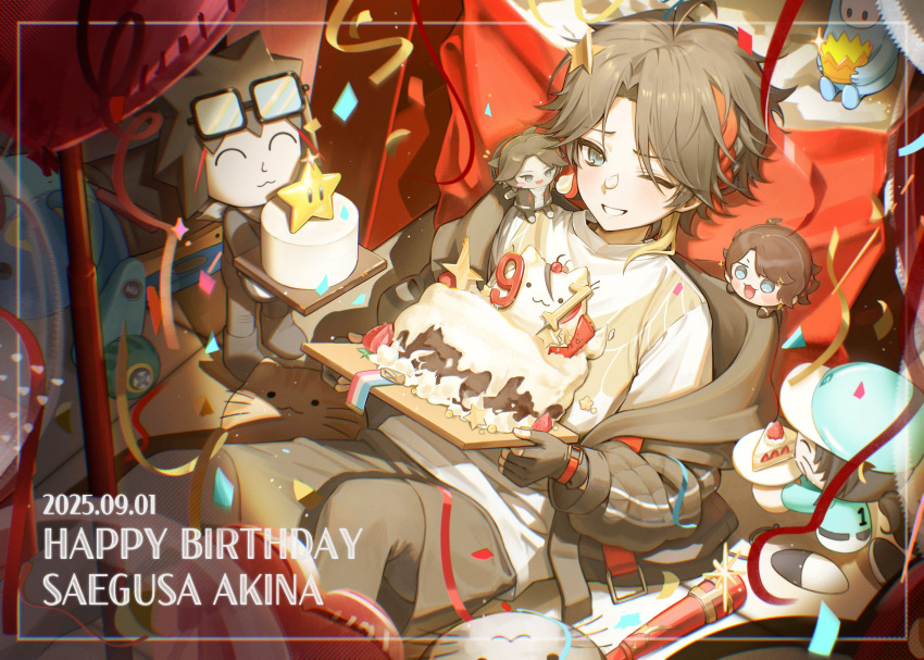 1boy, ahoge, balloon, birthday, birthday_cake, black_gloves, black_jacket, blue_eyes, brown_hair, cake, chibi, confetti, dated, eyewear_on_head, food, glasses, gloves, grey_pants, happy_birthday, highres, holding, jacket, looking_at_viewer, male_focus, multicolored_hair, multiple_boys, nido_(oobo1245), nijisanji, one_eye_closed, pants, party_popper, saegusa_akina, saegusa_akina_(1st_costume), shirt, short_hair, smile, streaked_hair, streamers, virtual_youtuber, white_shirt
