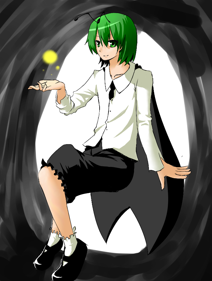 antennae, arm_support, cloak, firefly, green_eyes, green_hair, invisible_object, light
