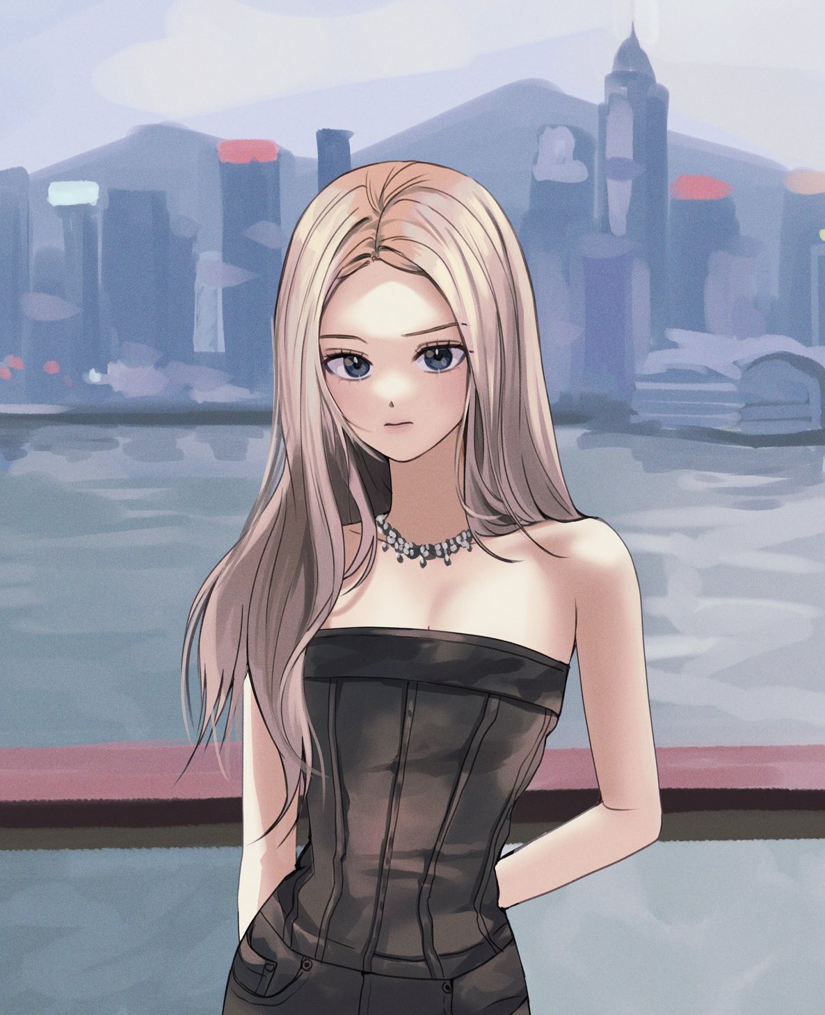 1girl, aespa, arms_behind_back, bare_shoulders, black_shirt, blonde_hair, blue_eyes, closed_mouth