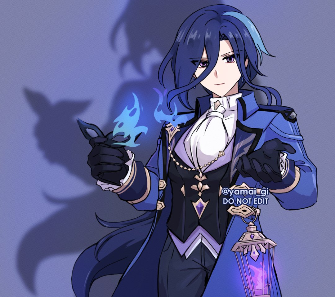 1girl, ascot, black_gloves, black_pants, black_shirt, blue_coat, blue_hair, clorinde_(genshin_impact)