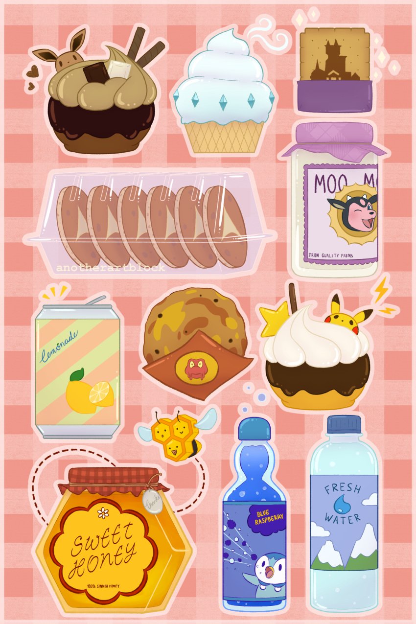 anotherartblock, bee, bottle, bug, casteliacone, combee, commentary, drink, eevee, english_commentary, food, food_focus, fresh_water_(pokemon), highres, honey, ice_cream, lava_cookie, lemonade, lemonade_(pokemon), lumiose_galette, magcargo, milk_bottle, miltank, moomoo_milk, no_humans, pikachu, piplup, poke_puff, pokemon, pokemon_(creature), shalour_sable, soda, soda_pop_(pokemon), water_bottle