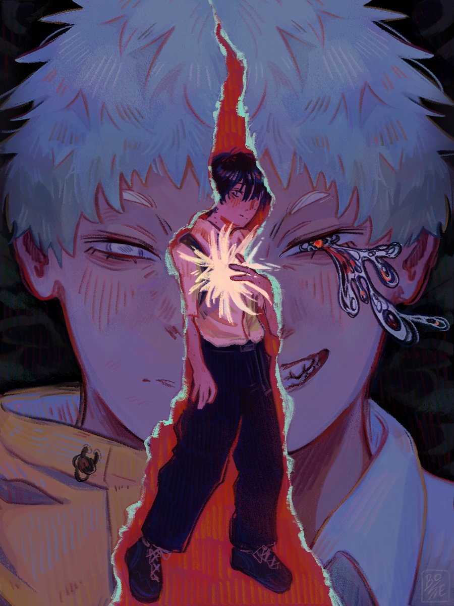 3boys, b0sie, black_hair, blush, body_horror, dual_persona, highres, hikaru_ga_shinda_natsu, indou_hikaru, male_focus, melting_eyes, mole, mole_on_neck, multiple_boys, multiple_moles, red_pupils, short_hair, teeth, tsujinaka_yoshiki, very_short_hair, white_hair