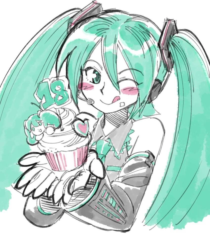 1girl, :q, ;q, aqua_eyes, bare_shoulders, blush, blush_stickers, cupcake