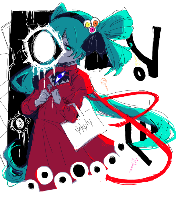 1girl, 3h3983, aqua_eyes, aqua_hair, bag, black_hairband, brooch, colored_skin