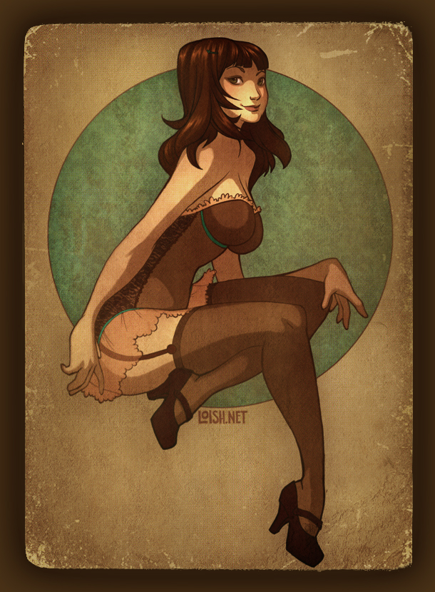 blunt_bangs, blush, breasts, brooch, brown_hair, bustier, cleavage, garter_belt, high_heels, jewelry, large_breasts, lingerie, lipstick, loish, long_hair, looking_at_viewer, makeup, oldschool, original, pinup, profile, shoes, sitting, solo, thigh-highs, thighhighs, underwear, watermark