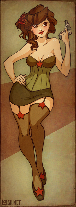 blush, breasts, brown_eyes, brown_hair, bustier, cleavage, collarbone, curly_hair, flower, garter_belt, gun, hair_flower, hair_ornament, hand_on_hip, large_breasts, lingerie, lips, lipstick, loish, makeup, miniskirt, oldschool, original, pinup, red_rose, revolver, rose, skirt, smile, solo, star, thigh-highs, thighhighs, underwear, watermark, weapon, wide_hips