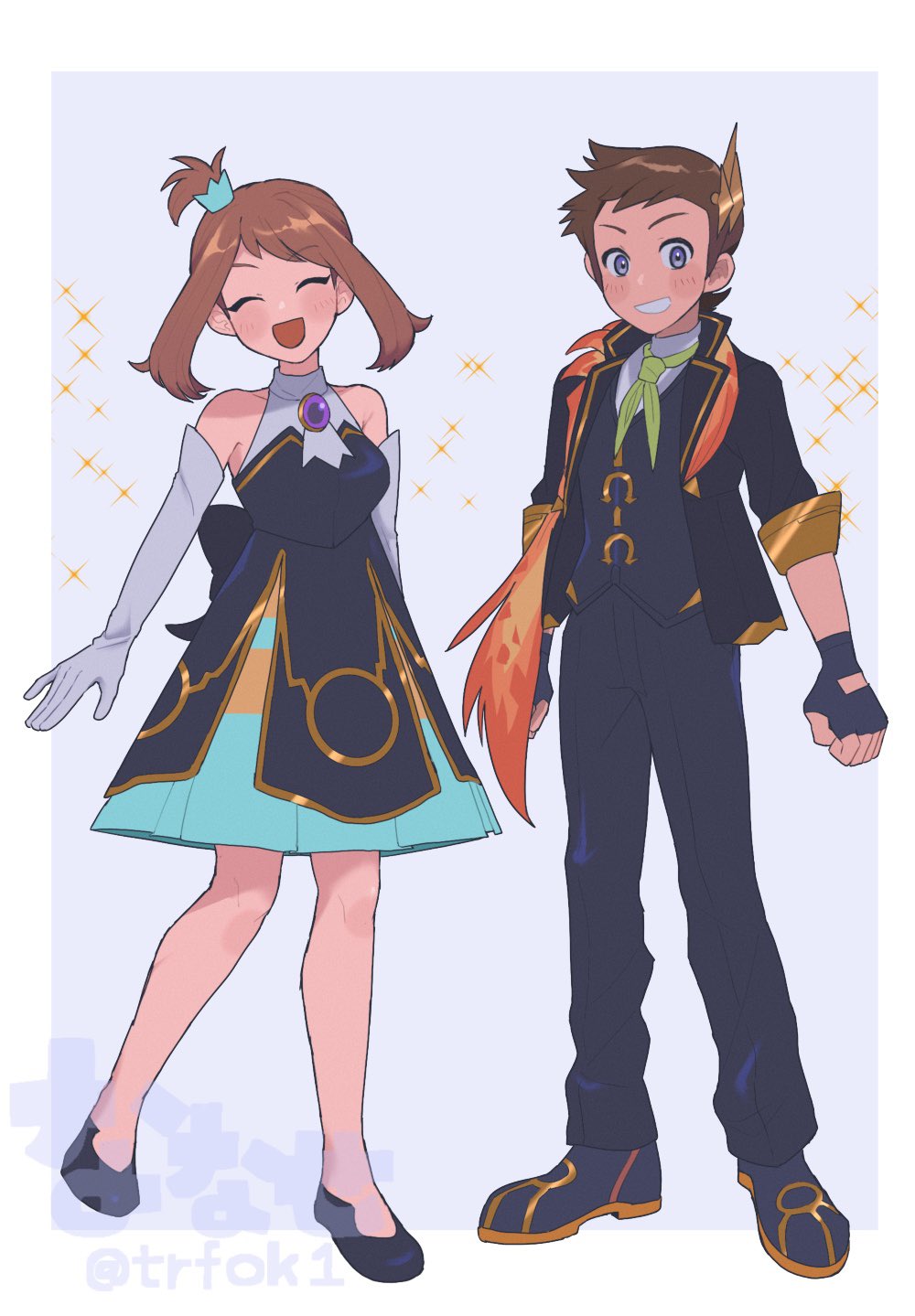 1boy, 1girl, bare_shoulders, black_dress, black_jacket, black_pants, black_shoes, black_vest