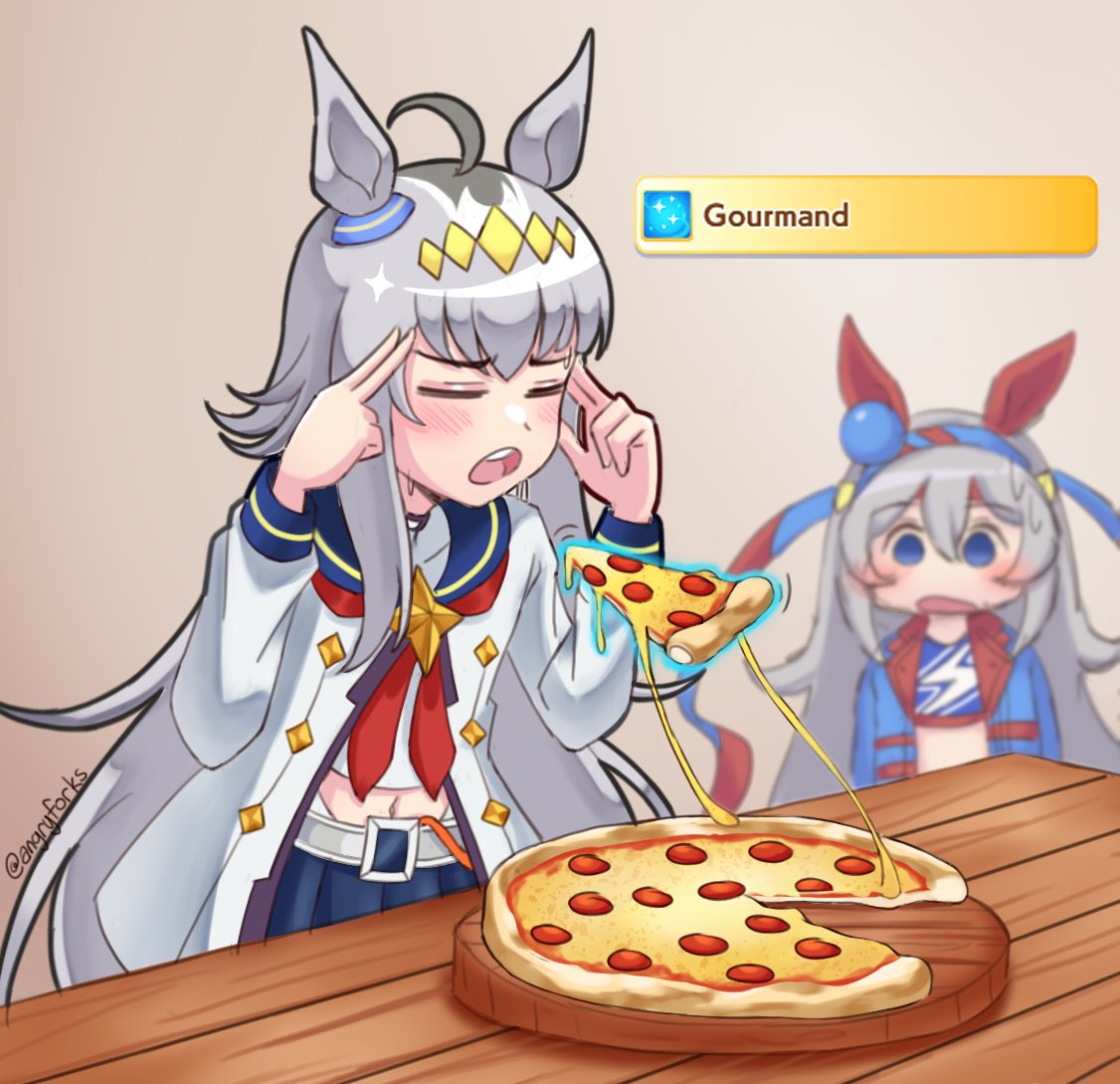 2girls, ahoge, angryforks, animal_ears, belt_buckle, blue_eyes, blue_hairband, blue_jacket, blue_sailor_collar, blue_skirt, blurry, blurry_background, blush, buckle, commentary, cowboy_shot, ear_covers, ear_ornament, english_text, fingers_to_head, floating, food, gameplay_ability, gameplay_mechanics, grey_hair, hairband, headband, horse_girl, jacket, levitation, long_hair, long_sleeves, man_levitating_pizza_(meme), meme, multicolored_hair, multiple_girls, navel, neckerchief, oguri_cap_(umamusume), open_mouth, pizza, pizza_slice, pleated_skirt, red_headband, red_neckerchief, sailor_collar, shirt, skirt, standing, striped_clothes, striped_hairband, sweatdrop, table, tamamo_cross_(umamusume), teeth, twitter_username, umamusume, upper_teeth_only, very_long_hair, white_shirt, yellow_background