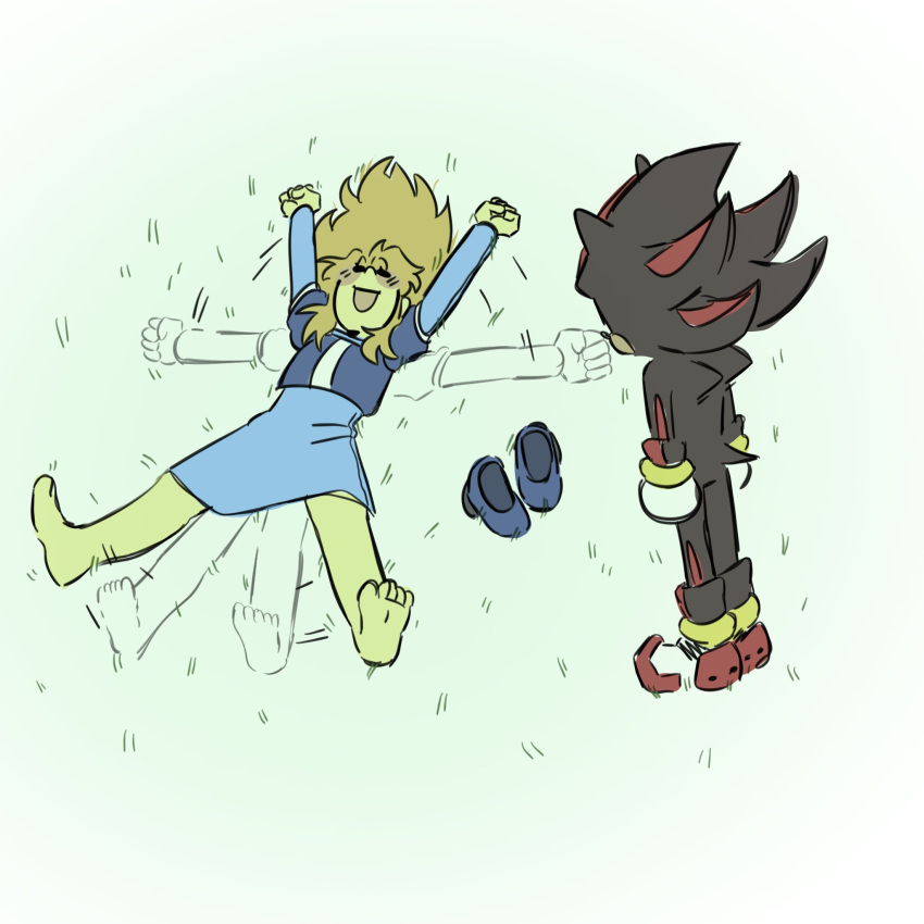 1boy, 1girl, animal_ears, barefoot, black_fur, blonde_hair, blush, feet