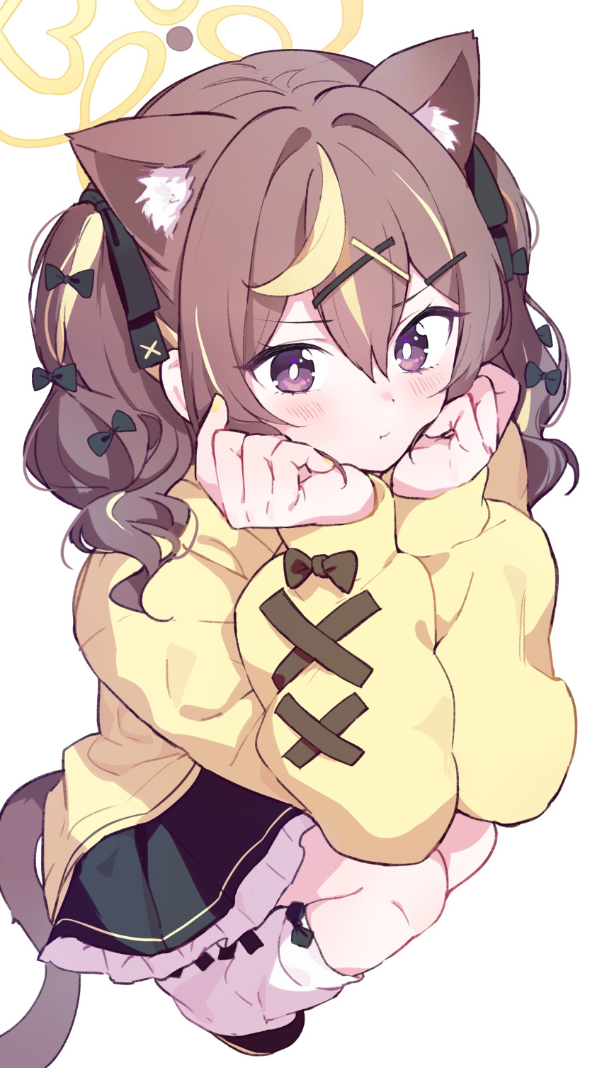 1girl, absurdres, animal_ear_fluff, animal_ears, black_bow, black_shoes, black_skirt, blonde_hair