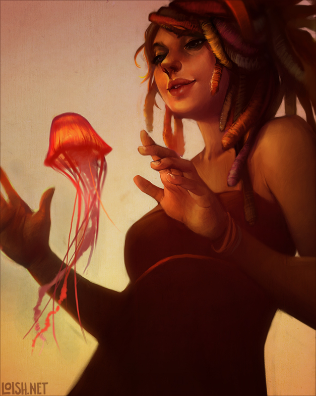 dress, from_below, glowing, hairlocs, hands, jellyfish, jewelry, lips