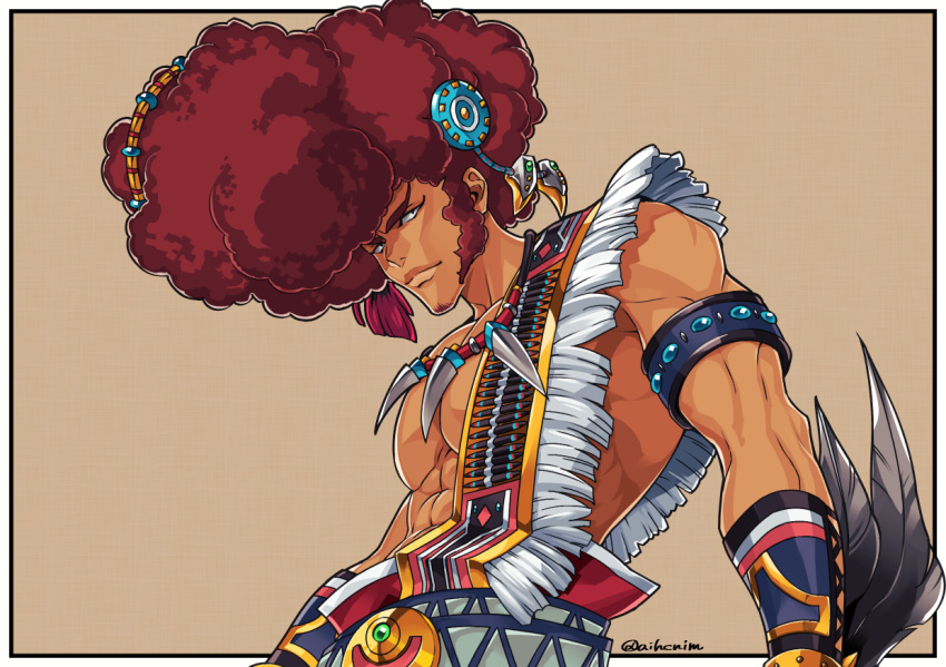 1boy, afro, agares_(megido72), armlet, beads, brown_hair, commentary_request, facial_hair