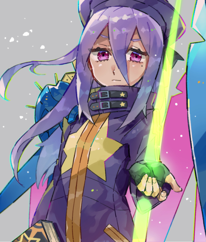 1girl, armor, drop390_(sakuma), hat, light_rays, long_hair, looking_at_viewer, purple_hair