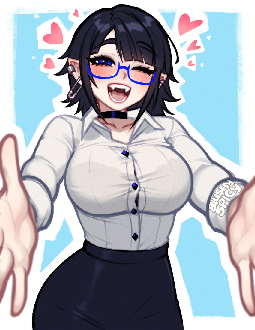 1girl, artist_name, black_choker, black_hair, blue-framed_eyewear, blue_background, blue_eyes, blurry, blushyspicy, border, breasts, choker, collarbone, depth_of_field, english_commentary, heart, highres, large_breasts, looking_at_viewer, office_lady, office_workers_(blushyspicy), one_eye_closed, pencil_skirt, pointy_ears, semi-rimless_eyewear, shirt, simple_background, skirt, solo, under-rim_eyewear, vivian_seong_(blushyspicy), white_border, white_shirt