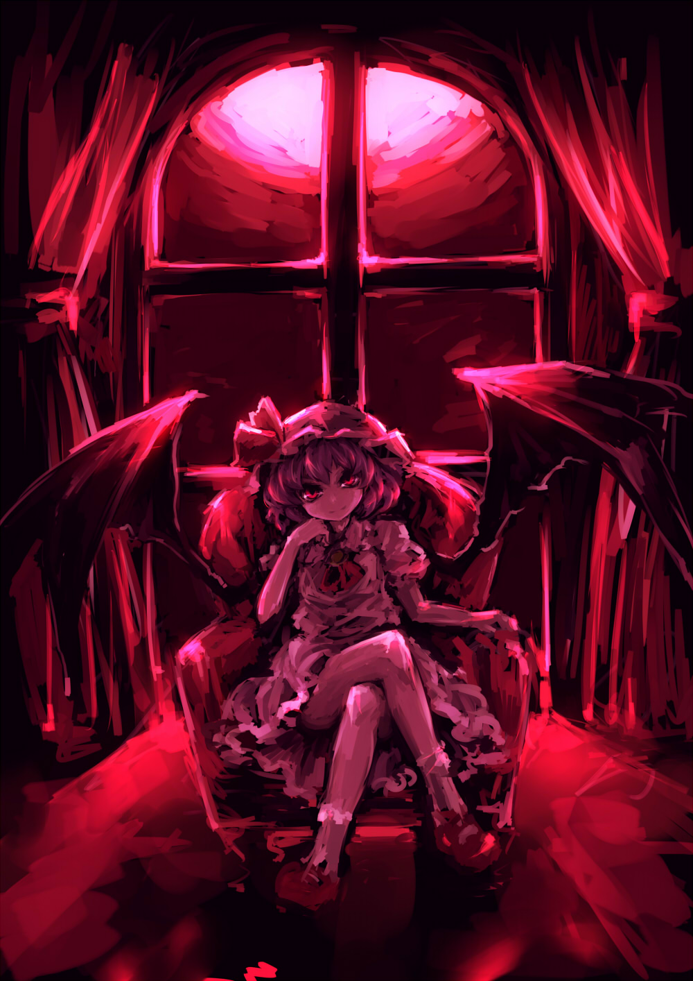 bad_id, bat_wings, chair, crossed_legs, hand_on_own_face, hand_to_face, hat, highres