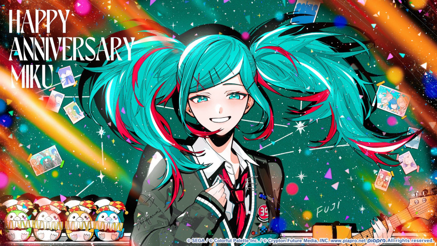 1girl, aqua_eyes, aqua_hair, cardigan, chalkboard, character_name, collared_shirt, commentary_request