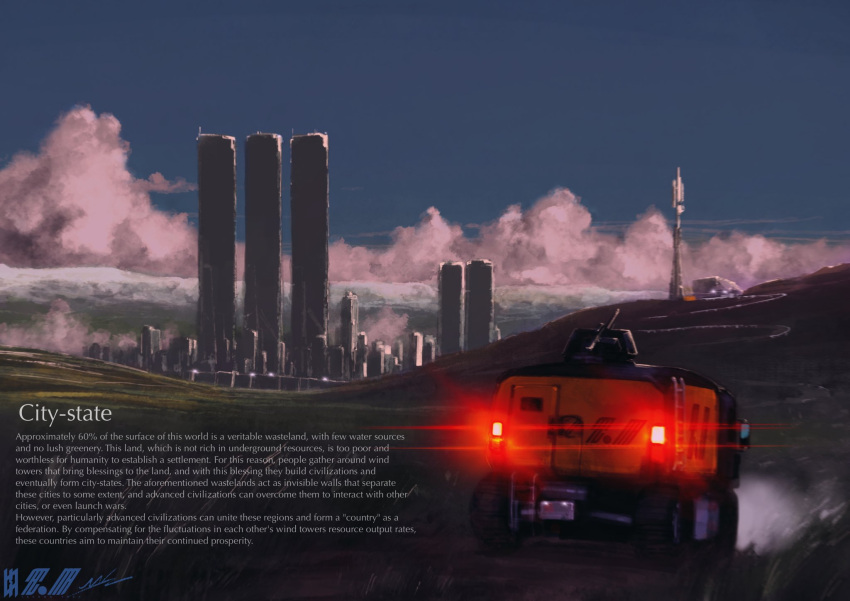 architecture, building, car, city, city_lights, cityscape, clouds, cloudy_sky, dawn, english_text, gradient_sky, highres, lamppost, landscape, military_vehicle, mn90047517, motor_vehicle, mountain, mountainous_horizon, nature, no_humans, original, outdoors, red_light, road, scenery, science_fiction, sky, skyline, skyscraper, street, tower, urban, vehicle_focus