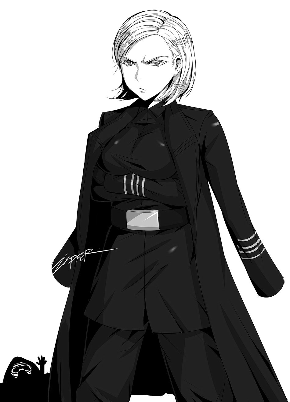 1boy, 1girl, arms_under_breasts, belt, breasts, chibi, crossed_arms, first_order