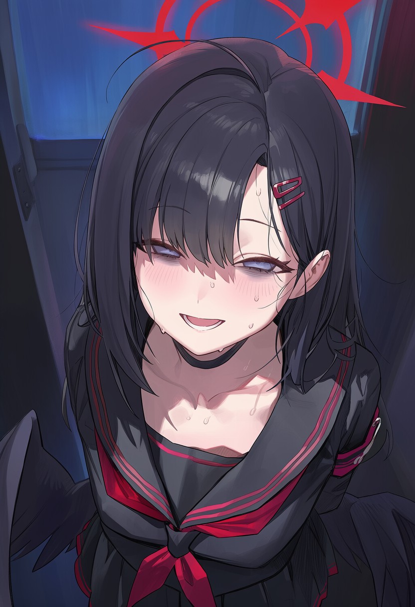 1girl, ai-generated, ai_lightmako, armband, arms_behind_back, bags_under_eyes, black_choker, black_hair, black_sailor_collar, black_serafuku, black_skirt, black_wings, blue_archive, blush, breasts, choker, collarbone, feathered_wings, hair_ornament, hairclip, halo, highres, ichika_(blue_archive), long_hair, looking_at_viewer, low_wings, neckerchief, open_mouth, pleated_skirt, red_armband, red_halo, red_neckerchief, sailor_collar, school_uniform, serafuku, skirt, smile, solo, sweat, wings