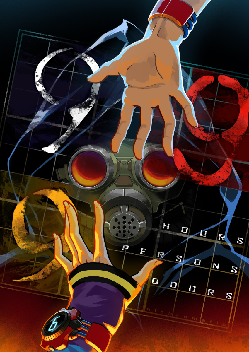 absurdres, commentary, copyright_name, english_commentary, fingernails, gas_mask, hand_focus, highres
