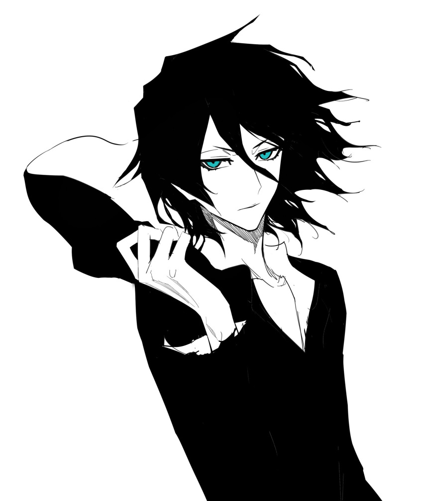 1boy, bad_id, bad_twitter_id, black_hair, bleach, blue_eyes, closed_mouth, flat_color