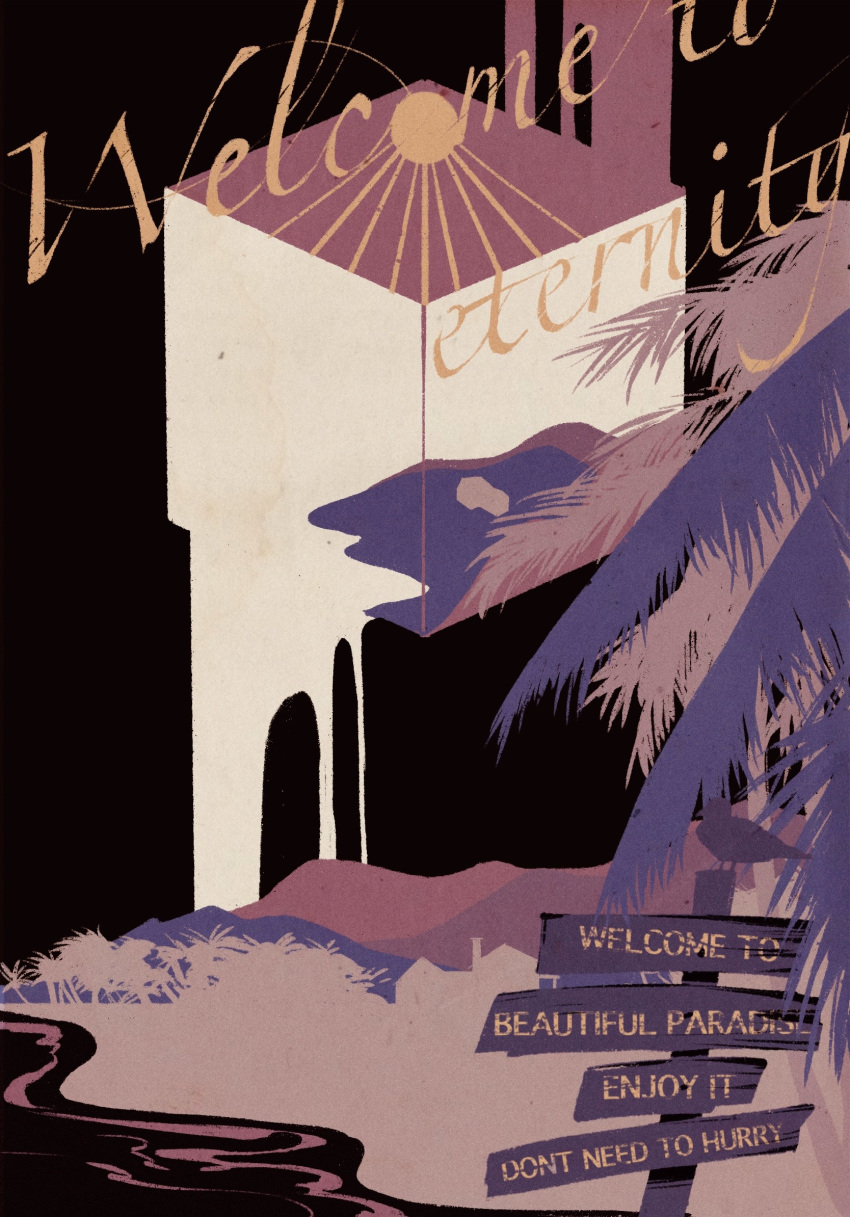 beach, bird, commentary, english_commentary, english_text, highres, house, island