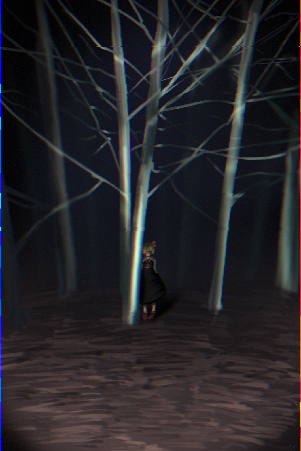 1girl, bare_tree, blonde_hair, dark, flashlight_beam, forest, gy9vxciahg25405, highres
