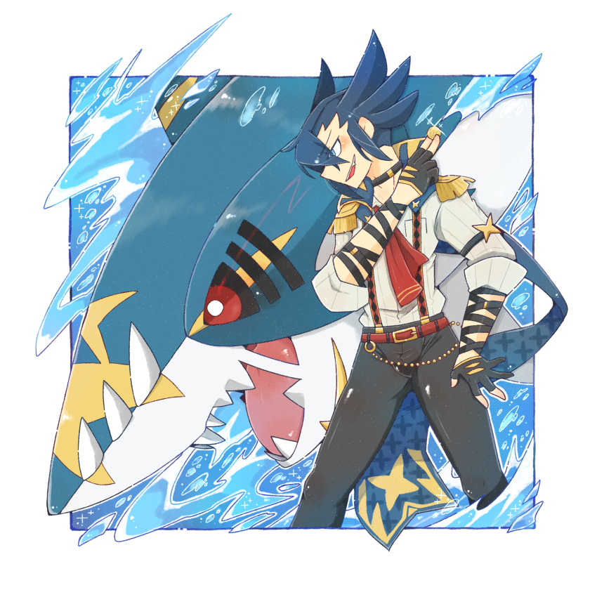 1boy, belt, black_gloves, black_pants, black_sclera, blue_eyes, blue_hair, border