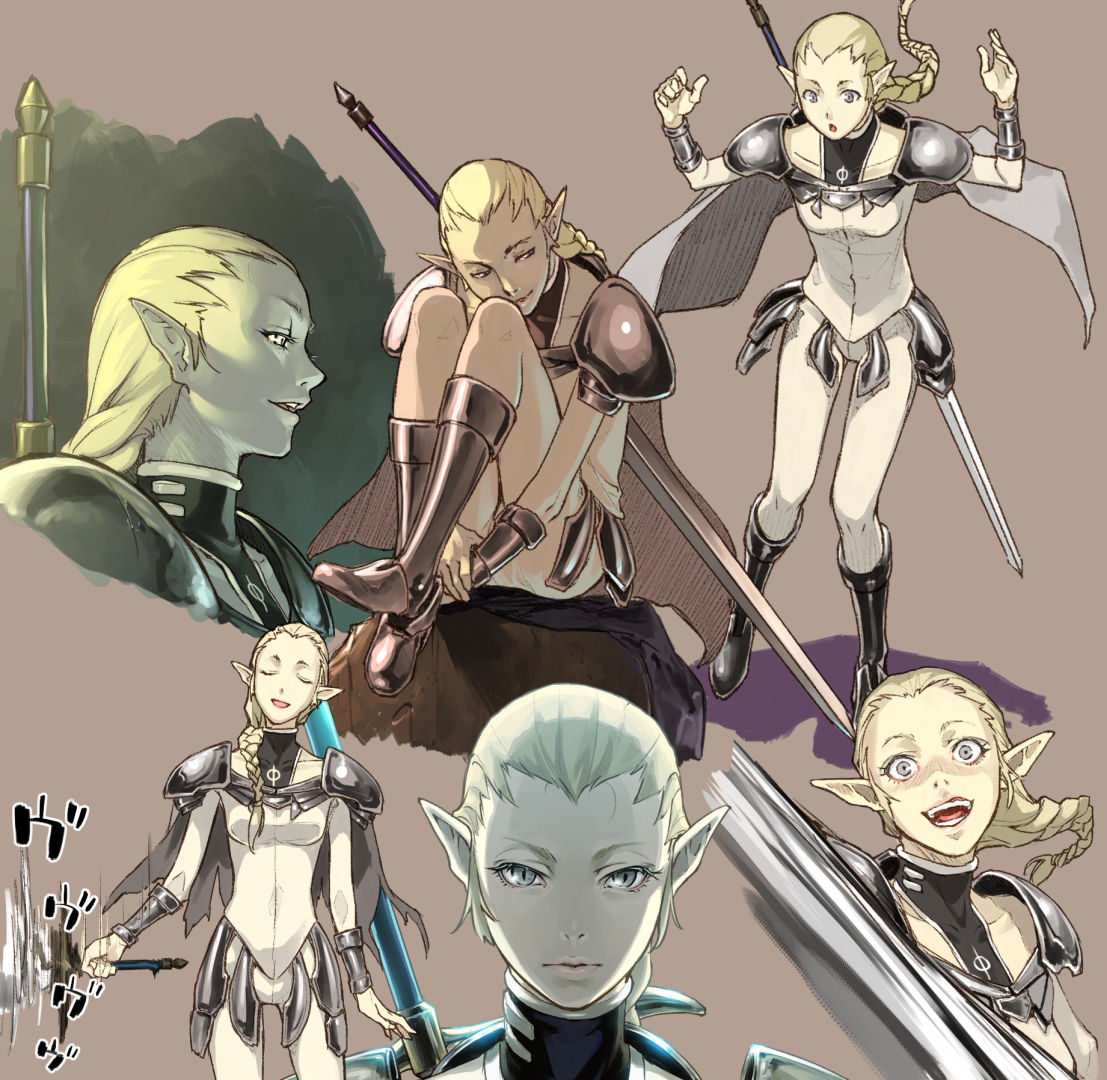 1girl, armor, blonde_hair, bodysuit, braid, breasts, cape, claymore_(series)