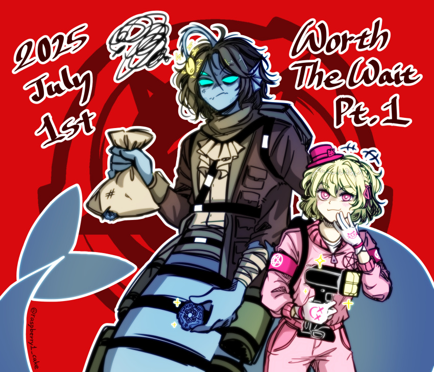 +++, 1boy, 1girl, 2025, :3, \||/, anglerfish_boy, aqua_sclera, armband, ascot, bag, bandaged_arm, bandages, blue_skin, braid, bright_pupils, brown_bag, brown_jacket, closed_mouth, colored_sclera, colored_skin, commentary, cowboy_shot, dated, double-parted_bangs, english_commentary, english_text, extra_arms, extra_eyes, fins, frown, gloves, hair_between_eyes, hand_on_own_cheek, hand_on_own_face, hat, hat_tip, hatching_(texture), head_fins, height_difference, highres, holding, holding_bag, jacket, long_sleeves, looking_ahead, mini_hat, mini_top_hat, object_request, oc_x_canon, open_clothes, open_jacket, original, outline, pants, pink_armband, pink_eyes, pink_hat, pink_jacket, pink_pants, pressure_(roblox), red_background, roblox, santtalgi_keikeu, sebastian_solace, shirt, short_hair, simple_background, single_braid, sparkle, squiggle, standing, star_(symbol), top_hat, white_ascot, white_gloves, white_outline, white_pupils, white_shirt, zipper