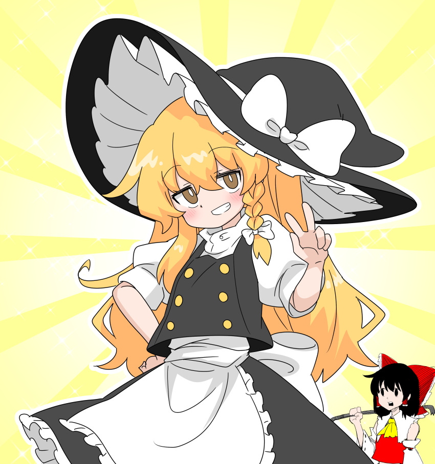 2girls, absurdres, apron, ascot, black_hat, black_skirt, black_vest, blonde_hair, blush, bow, braid, commentary_request, detached_sleeves, finger_counting, frilled_bow, frilled_hair_tubes, frills, grin, hair_bow, hair_tubes, hakurei_reimu, hat, hat_bow, highres, kirisame_marisa, kumanou22, long_hair, looking_at_viewer, multiple_girls, red_bow, red_skirt, ribbon-trimmed_sleeves, ribbon_trim, side_braid, single_braid, skirt, skirt_set, smile, touhou, v, vest, waist_apron, white_apron, white_bow, witch_hat, yellow_ascot, yellow_eyes