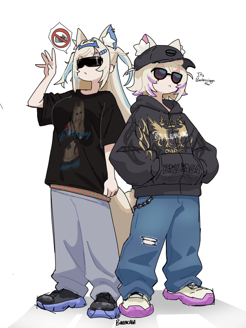 2girls, :<, animal_ear_fluff, animal_ears, balenciaga, black_hat, black_hoodie, black_shirt