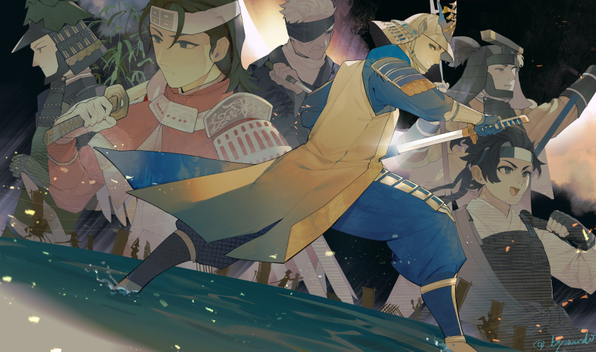 6+boys, absurdres, amago_haruhisa_(sengoku_basara), anegakoji_yoritsuna_(sengoku_basara), armor, black_hair, blue_headband, blue_pants