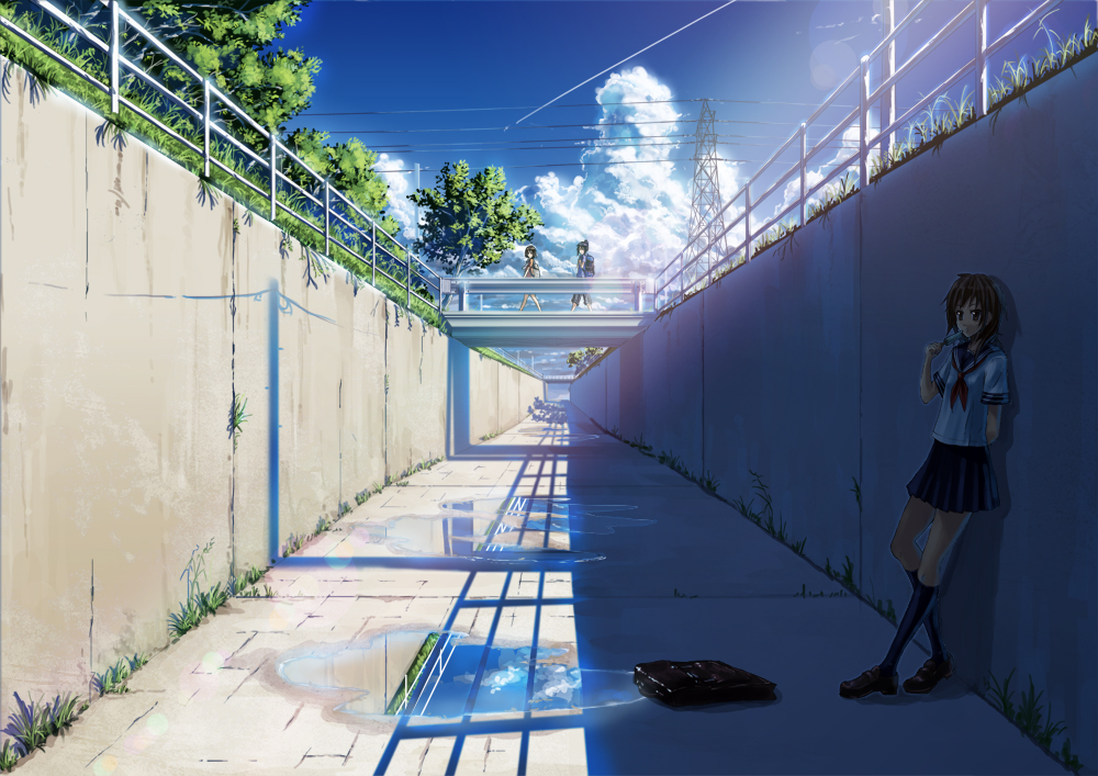 airplane, backpack, bag, blue_sky, bokuden, bridge, brown_hair, canal